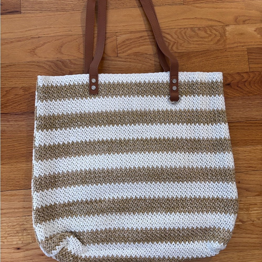 Striped Crochet Tote Bag in White and Tan